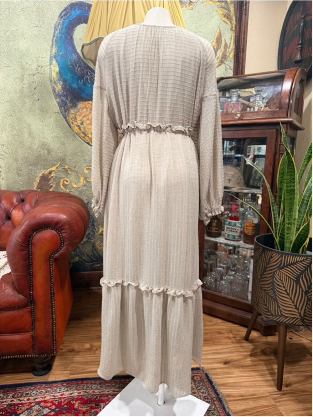 The Mint boho Neutral Textured Gauze Bishop Sleeve Tiered Ruffle Cottagecor - Picture 7 of 14
